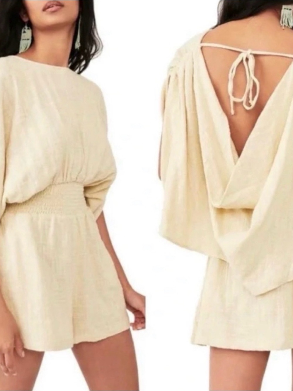 Free People Gauze Smocked Open-Back Capelet Romper